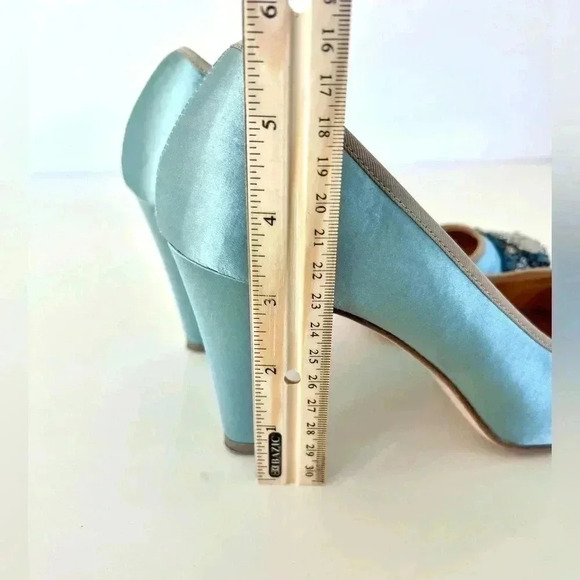 Miss Albright Bijou Teal Blue Satin & Beaded Sequin Rhinestone Cap Toe Heels - Picture 16 of 16